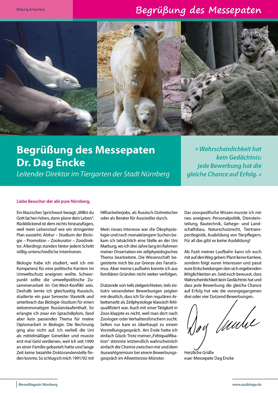 Traumberuf: Zoodirektor - Messepate abi pure Nürnberg 2015 - Dr. Dag Encke - Leitender Direktor im Tiergarten der Stadt Nürnberg Traumberuf: Zoodirektor - Messepate abi pure Nürnberg 2015 - Dr. Dag Encke - Leitender Direktor im Tiergarten der Stadt Nürnberg