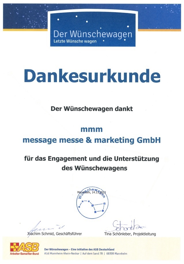 Dankensurkunde der ASB für das Engagement und der Unterstützung des Wünschewagens